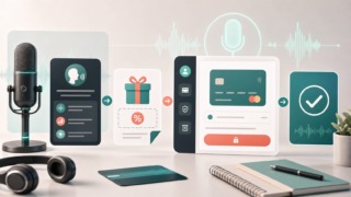 AI voice subscription checkout concept with referral card and audio waveform