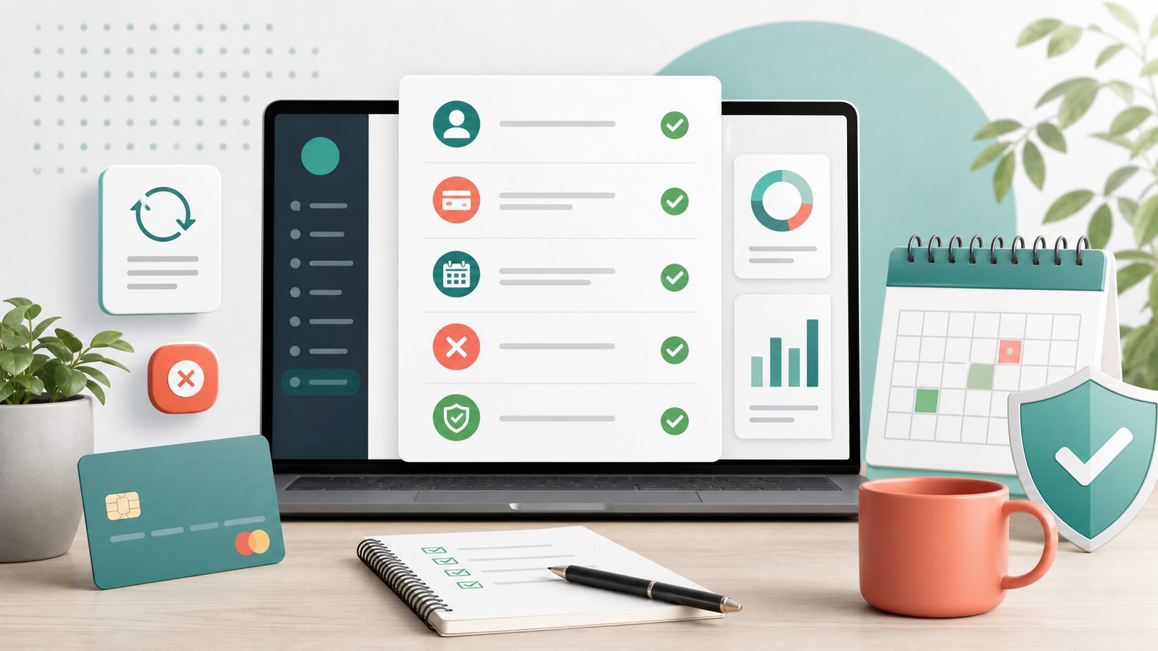 Subscription management dashboard concept with checklist and billing card