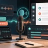 AI voice workflow with microphone, waveform, and speech assistant panels
