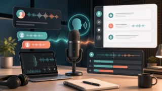 AI voice workflow with microphone, waveform, and speech assistant panels