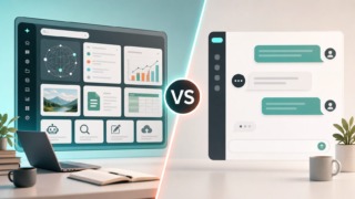 Abstract comparison between a broad AI workspace and a focused chat assistant