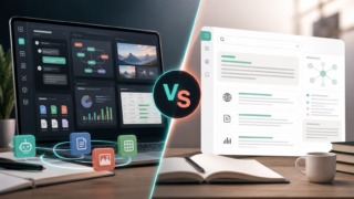Abstract comparison between AI research search and a broad agent workspace