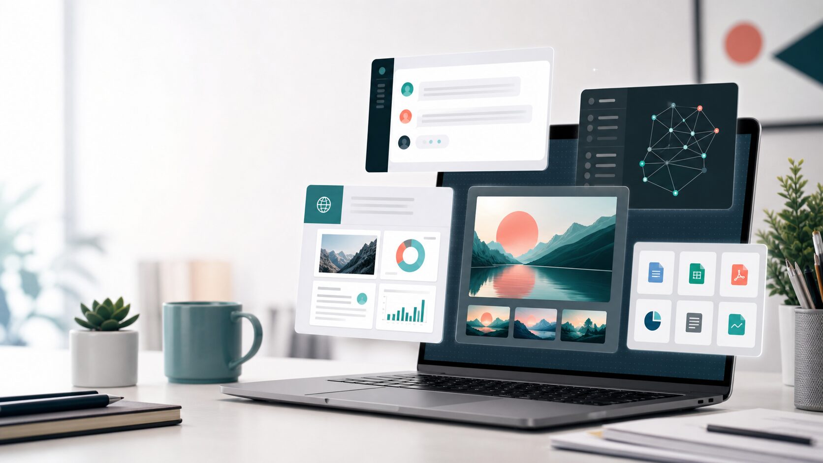 Abstract AI workspace with chat, research, image generation, and file analysis panels