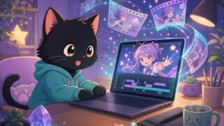 DomoAIでAI動画を作る黒猫のイラスト