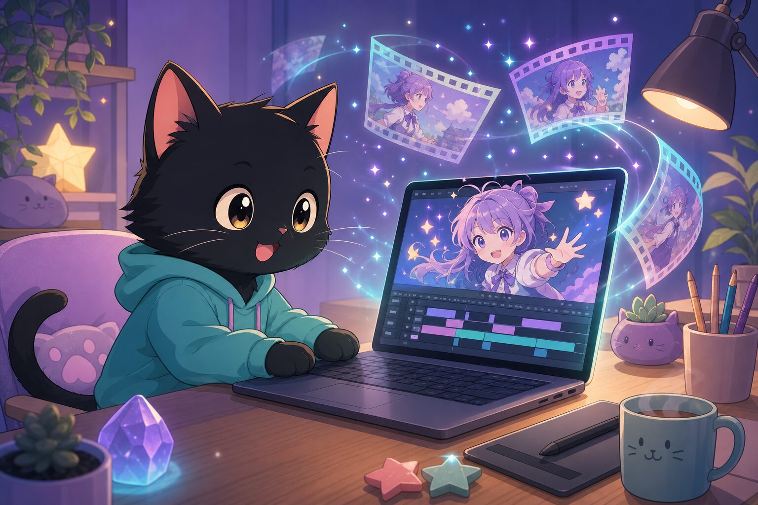 DomoAIでAI動画を作る黒猫のイラスト