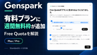 GensparkのPlus・Proに週間無料枠が追加。Plus向け案内画面をもとに作成した記事アイキャッチ